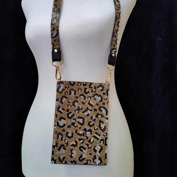 PU leather leopard print, sparkle phone case/sleeve with 50" strap - NWOT - Picture 1 of 14